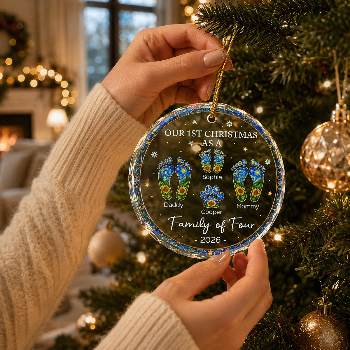 Personalized Family of Four Footprint Glass Ornament