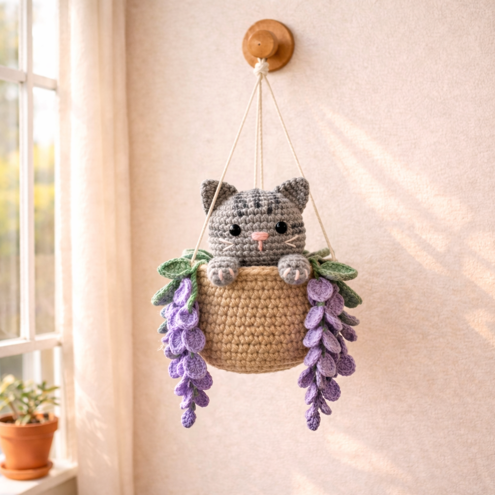 Crochet Grey Tabby Cat Wisteria Hanging – Cute Cozy Decor