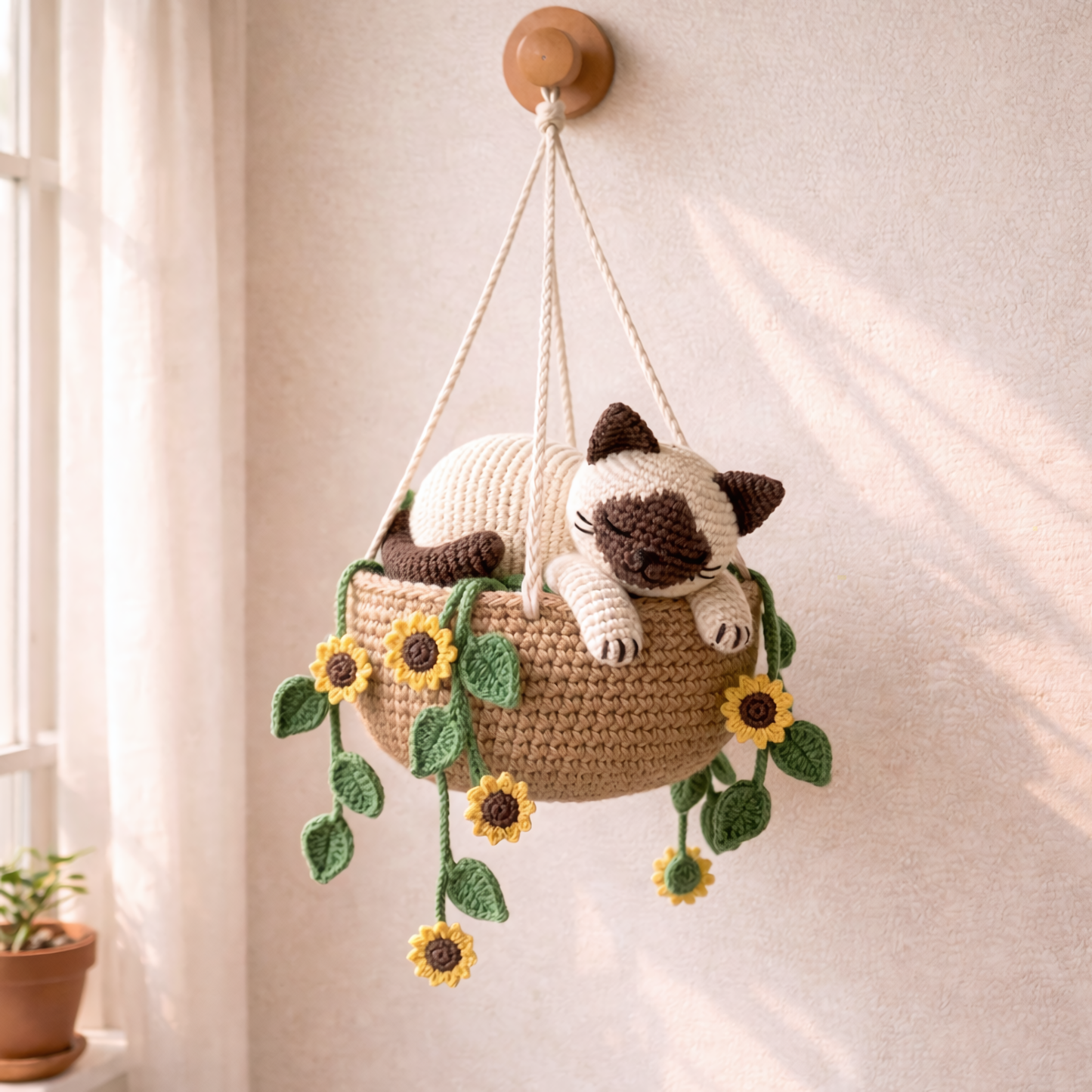 Crochet Siamese Cat Sunflower Hanging – Cute Cozy Gift