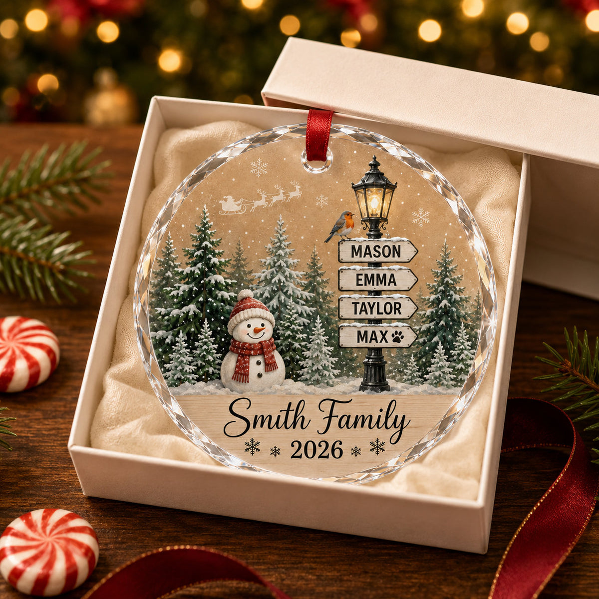 Personalized Snowman Family Christmas Glass Ornament