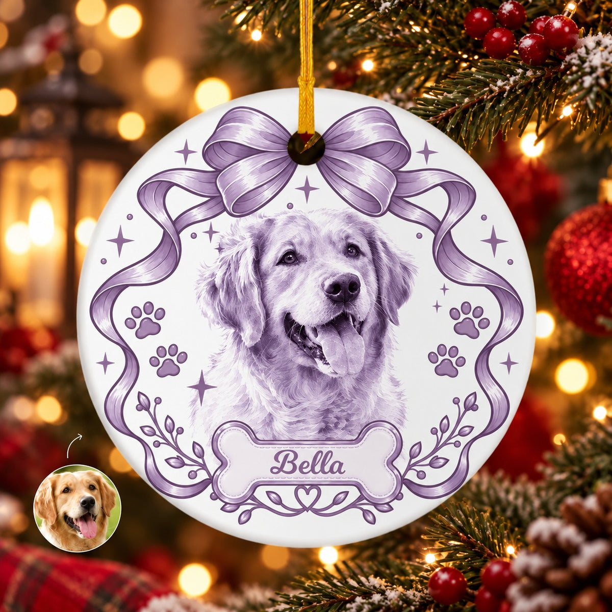 Personalized Dog Portrait Christmas Ornament with Custom Name