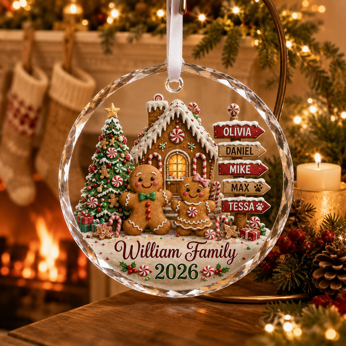 Personalized Gingerbread Family Christmas Glass Ornament