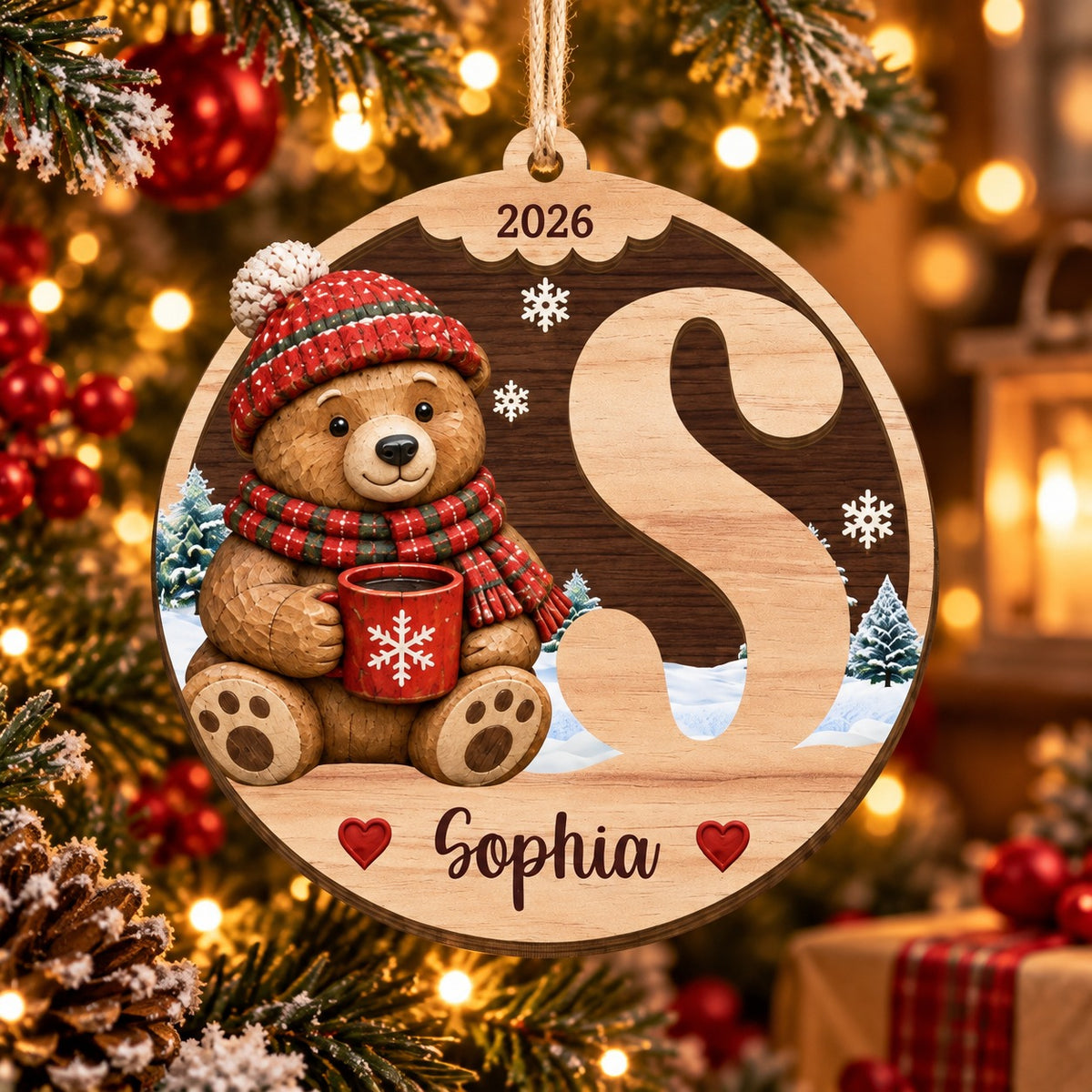 Personalized Wooden Initial Christmas 2 Layer Ornament