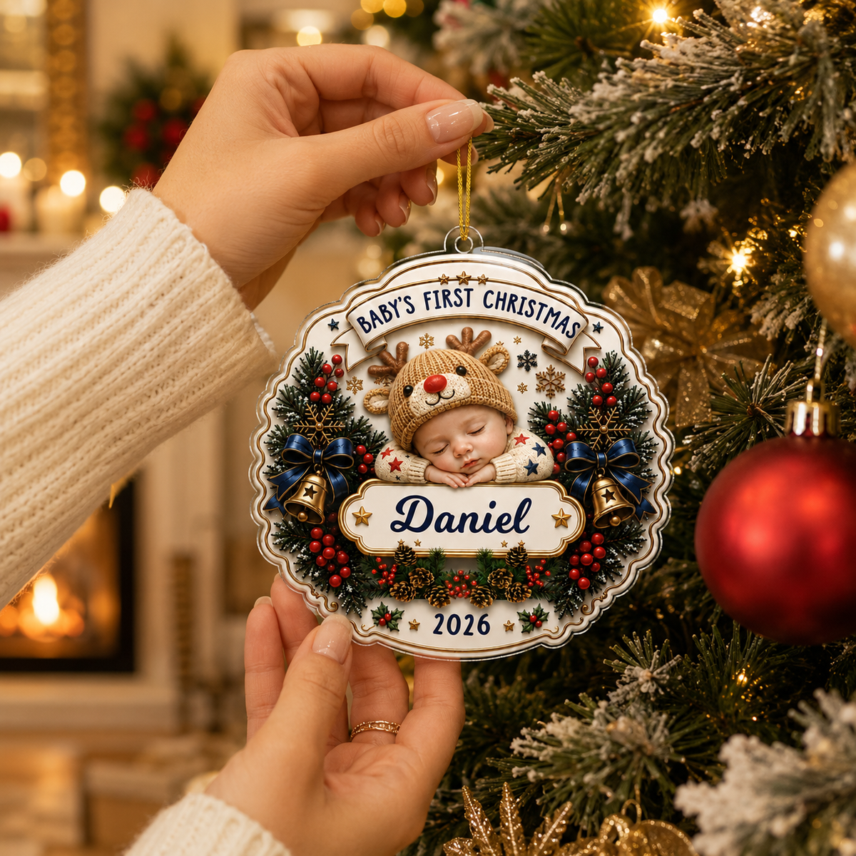Personalized Baby Reindeer Christmas 2 Layer Ornament