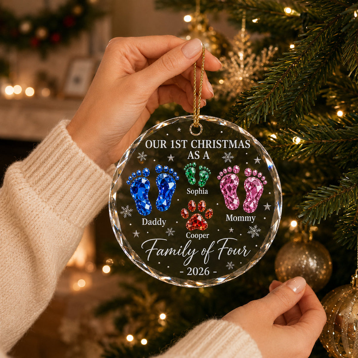 Personalized Family of Four Christmas Glass Ornament