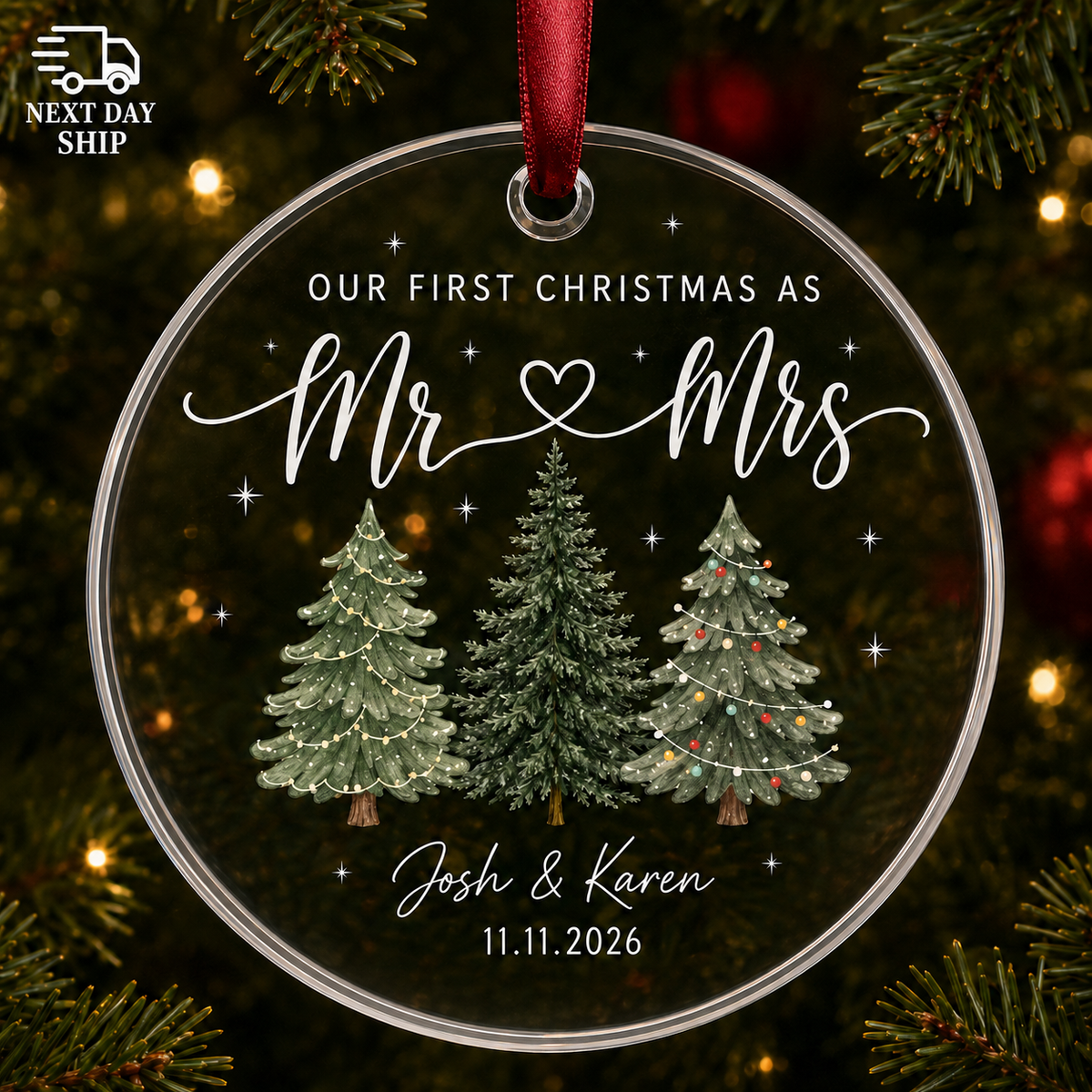 Personalized First Christmas Mr & Mrs Couple Glass Ornament