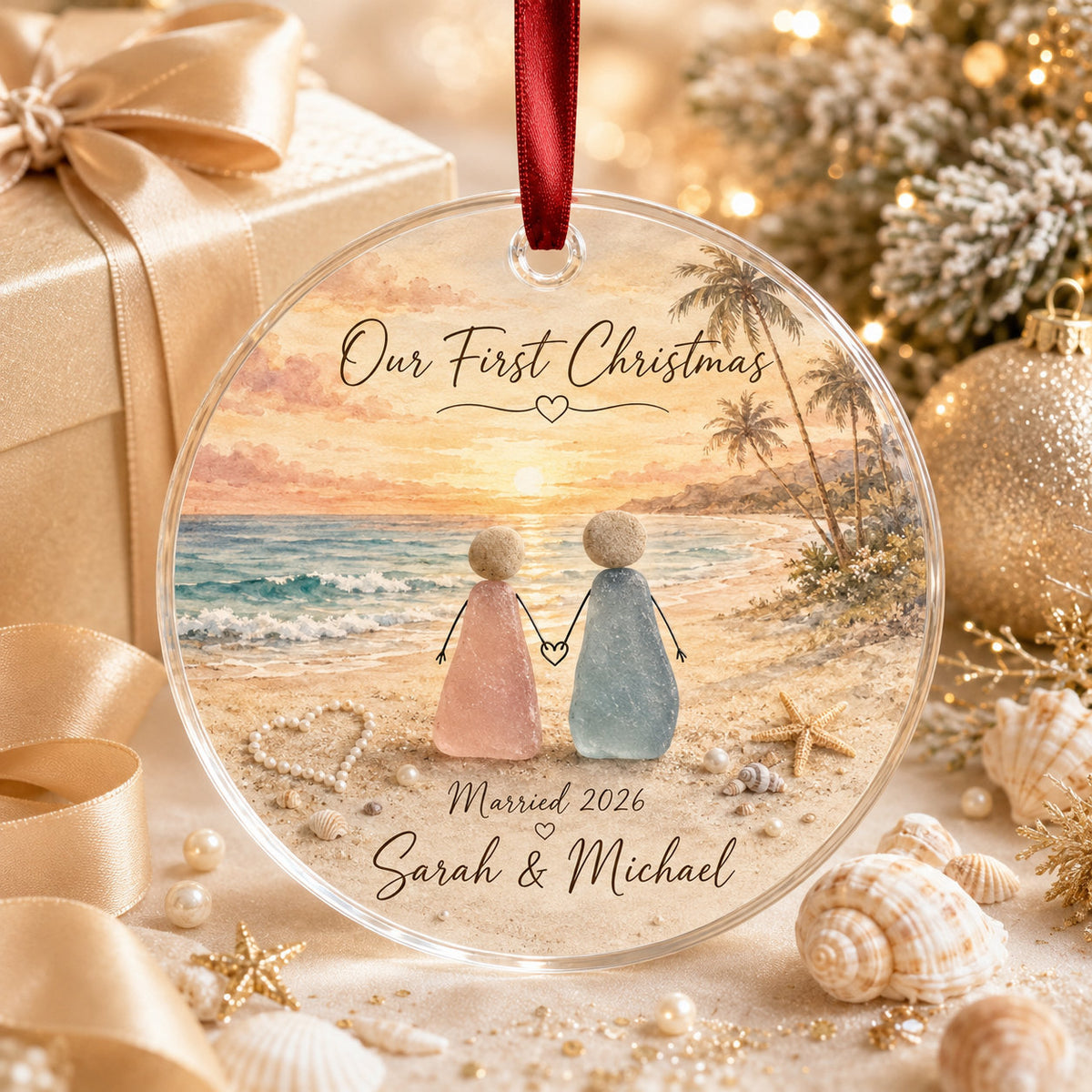 Personalized Beach Couple Christmas Glass Ornament