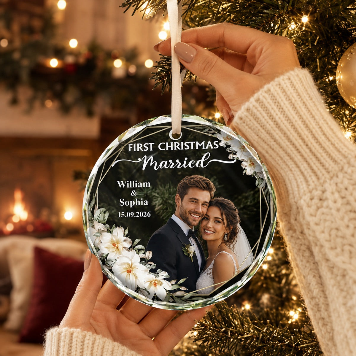 Personalized First Christmas Married Photo Glass Ornament, Ceramic Ornament