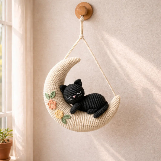 Midnight Blossom Cat - Handmade Crochet Black Cat Decor