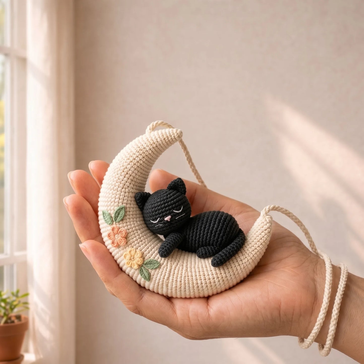 Midnight Blossom Cat - Handmade Crochet Black Cat Decor