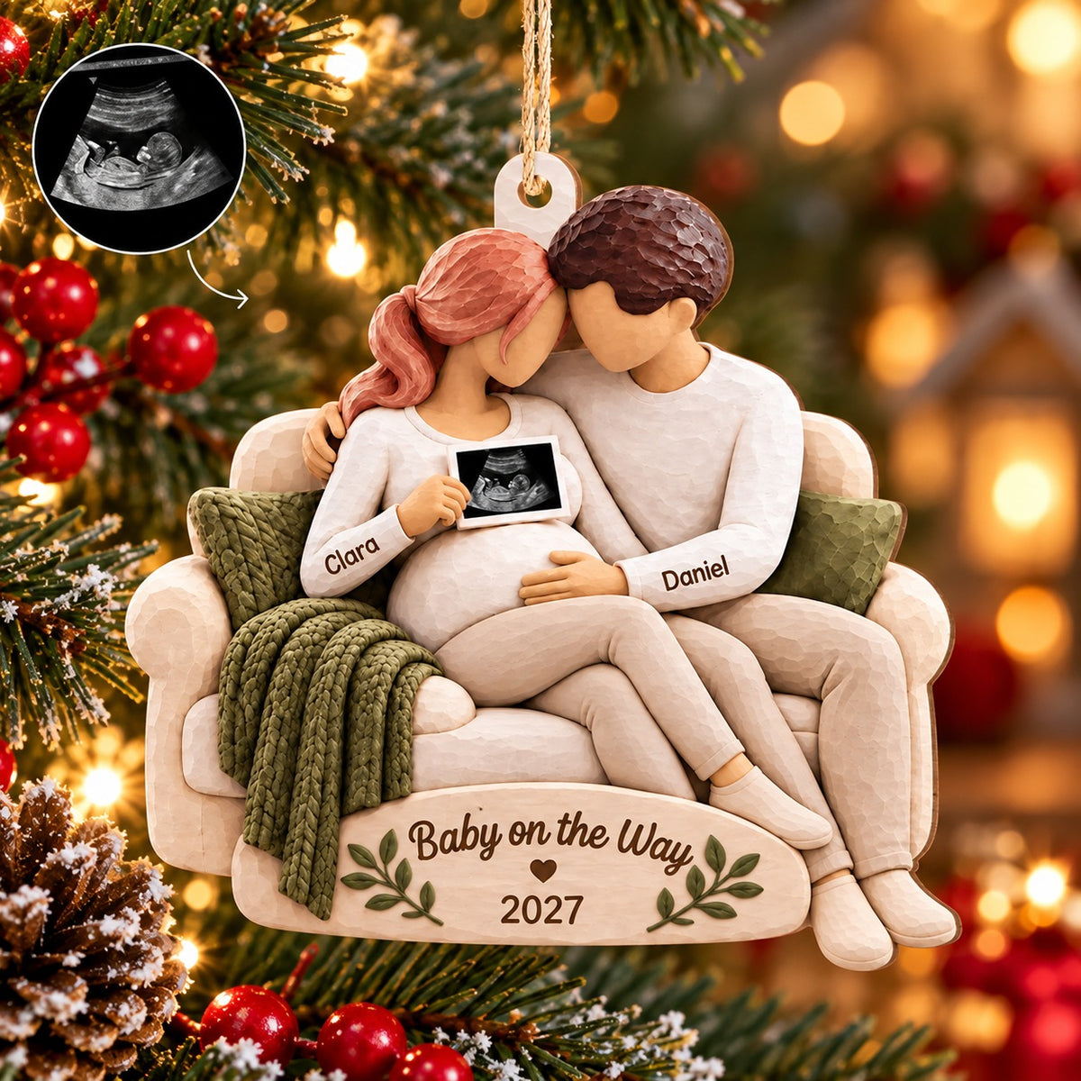 Personalized Pregnancy Announcement Christmas Ornament with Ultrasound Photo