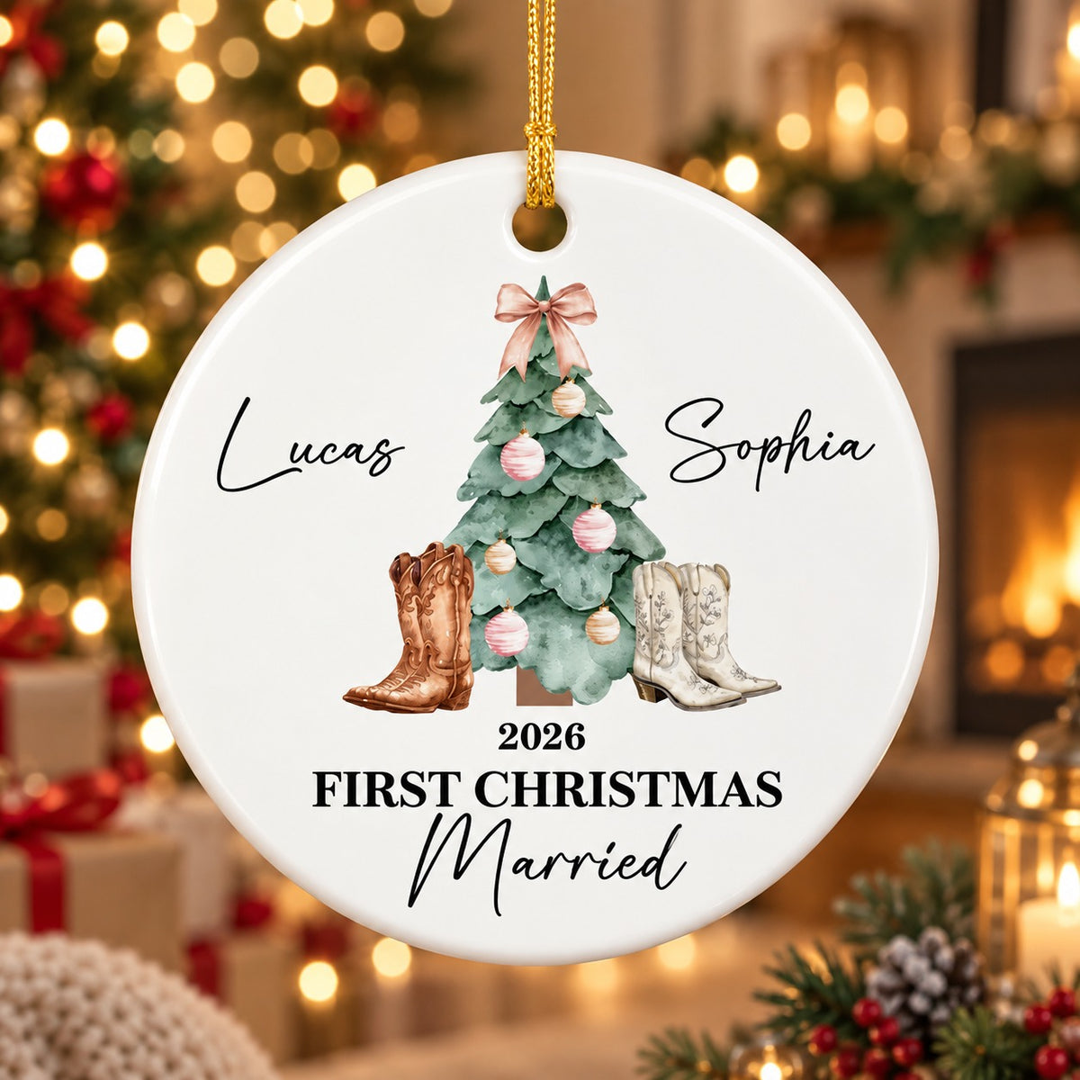 Personalized First Christmas Married Western Couple Ornament