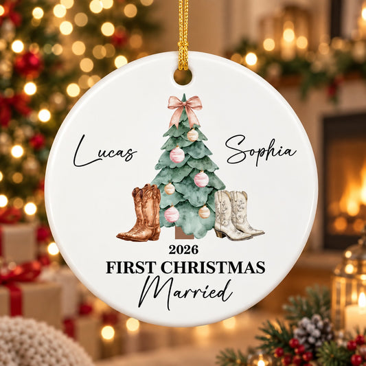 Personalized First Christmas Married Western Couple Ornament
