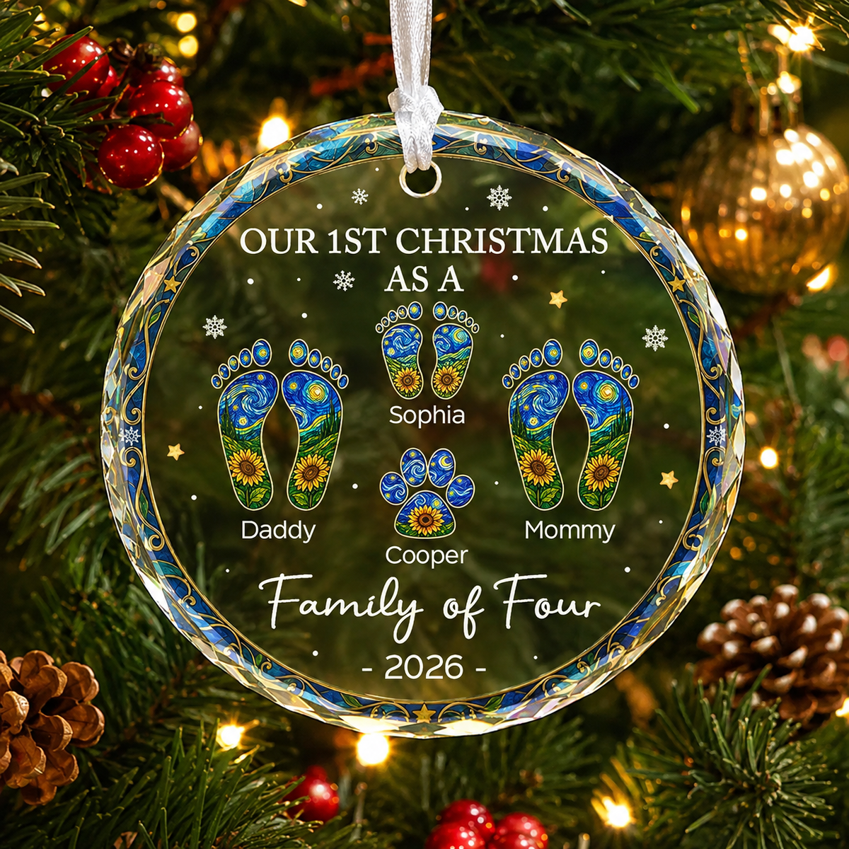 Personalized Family of Four Footprint Glass Ornament