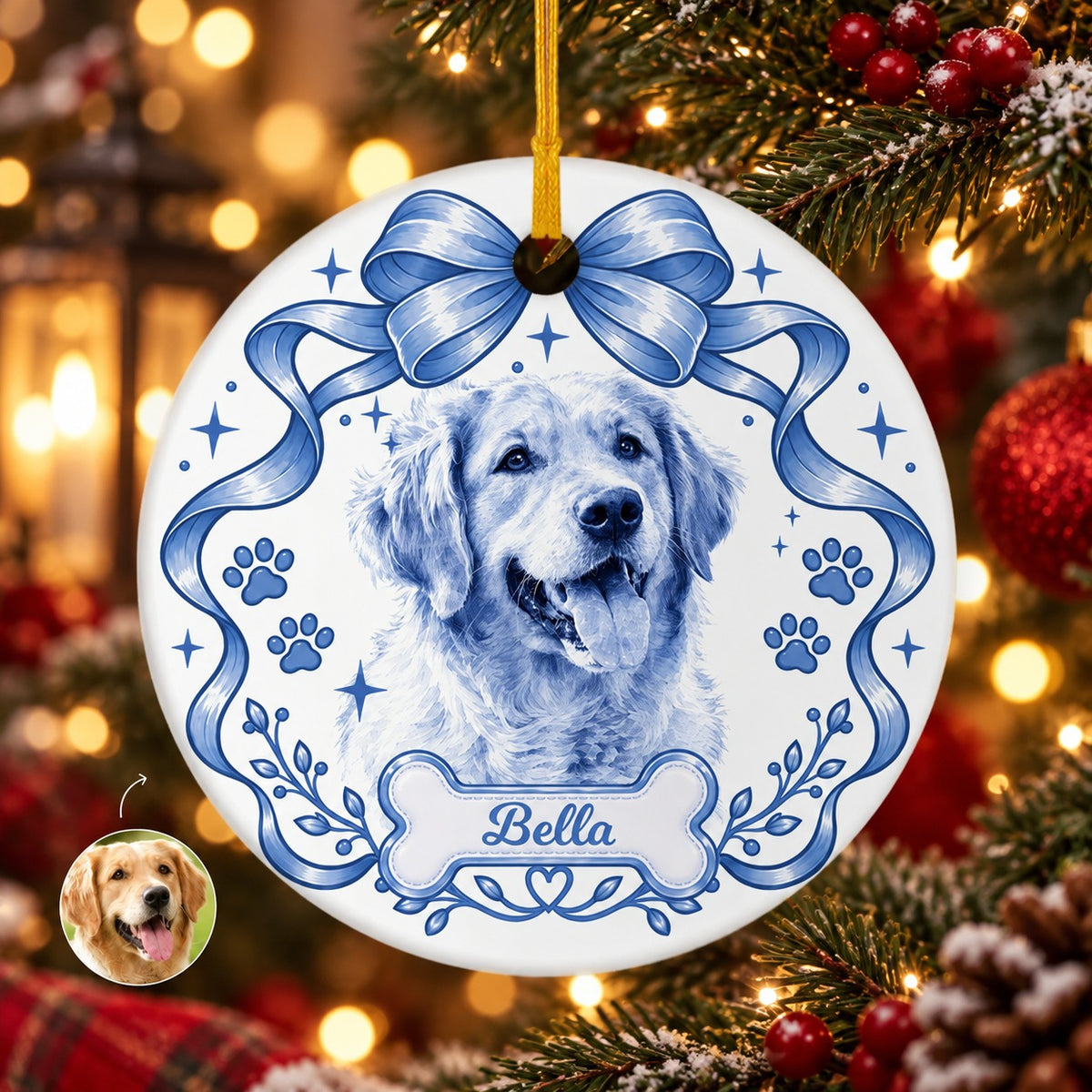 Personalized Dog Portrait Christmas Ornament with Custom Name