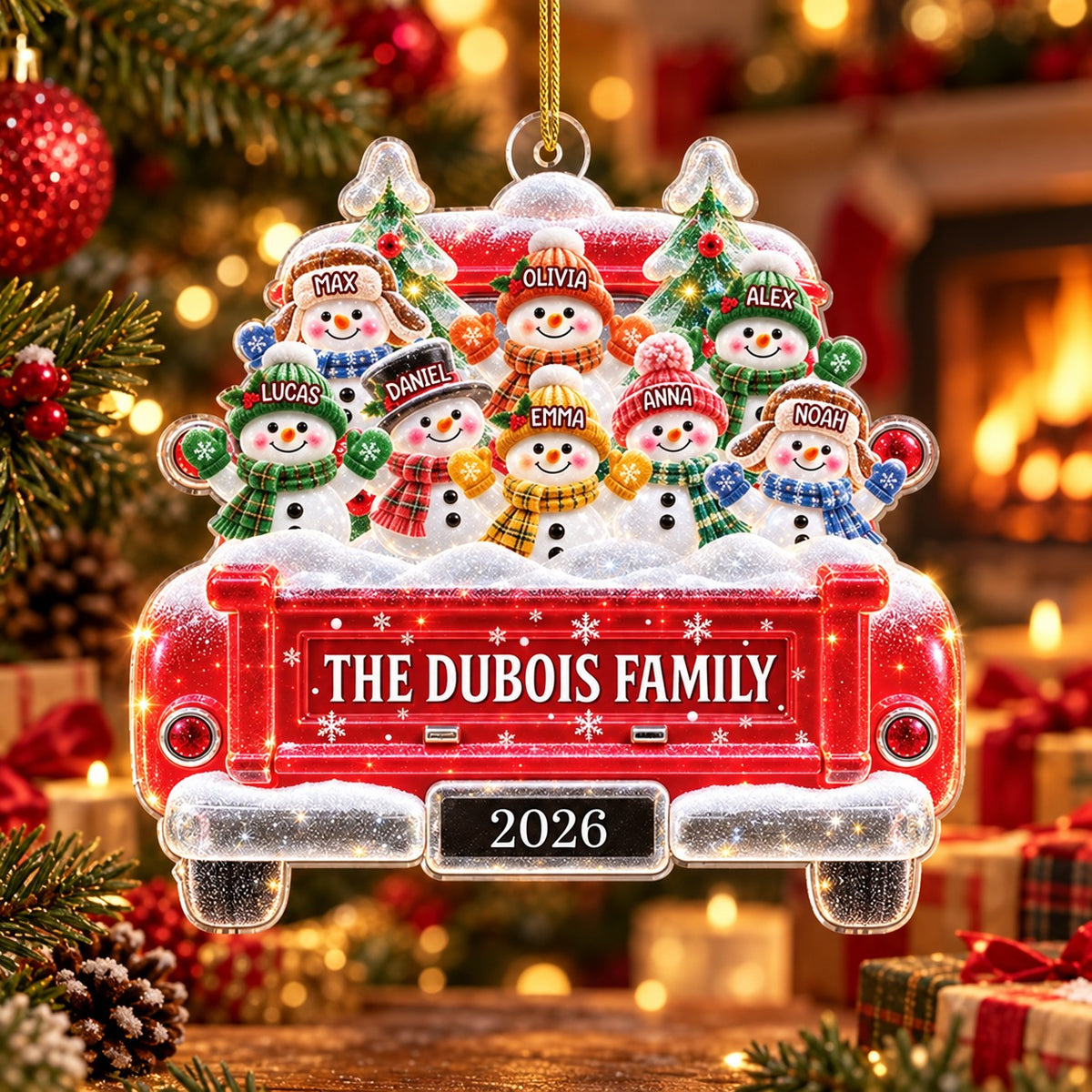 Personalized Snowman Family Truck Christmas Ornament, Christmas Gift