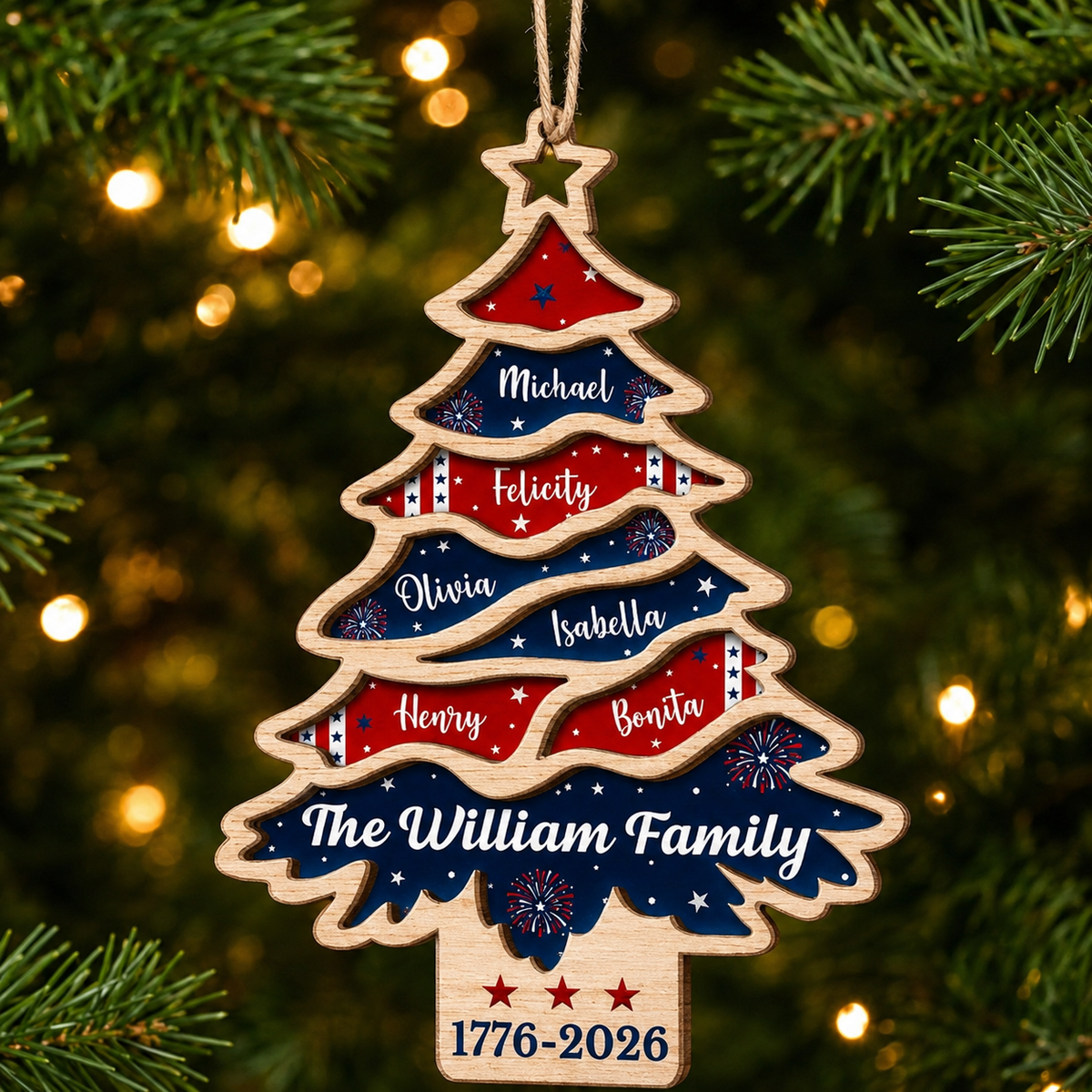 Personalized Family Christmas Tree 2 Layer Wood Ornament
