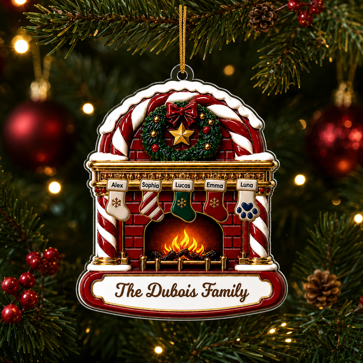 Personalized Family Fireplace Christmas Ornament design example