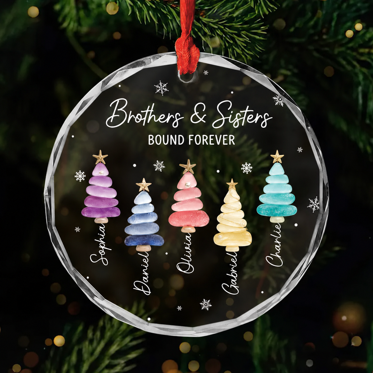Personalized Sibling Christmas Tree Glass Ornament