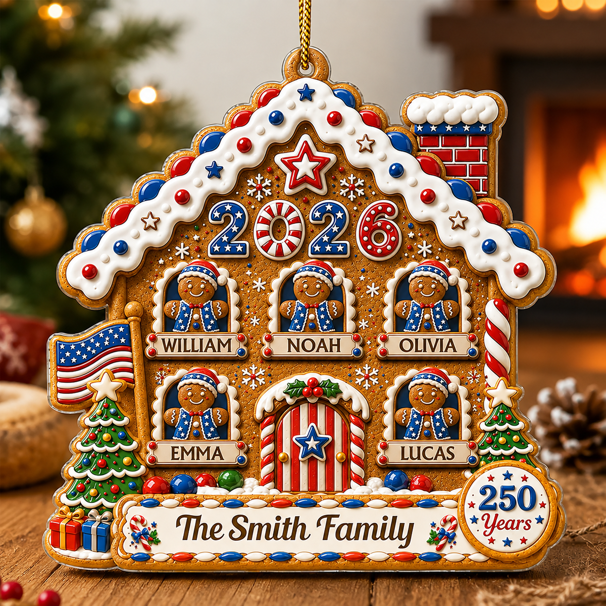 2026 patriotic gingerbread family ornament mockup with five personalized names and family name