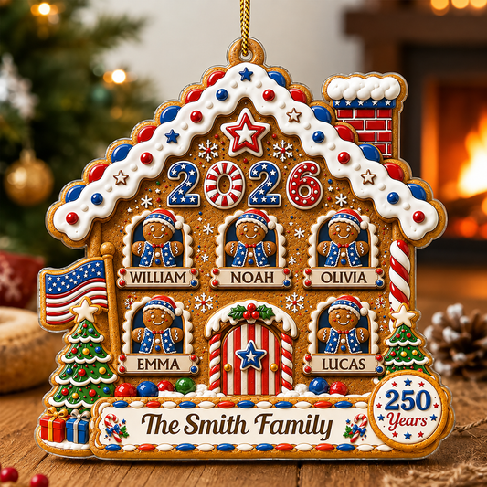 2026 patriotic gingerbread family ornament mockup with five personalized names and family name