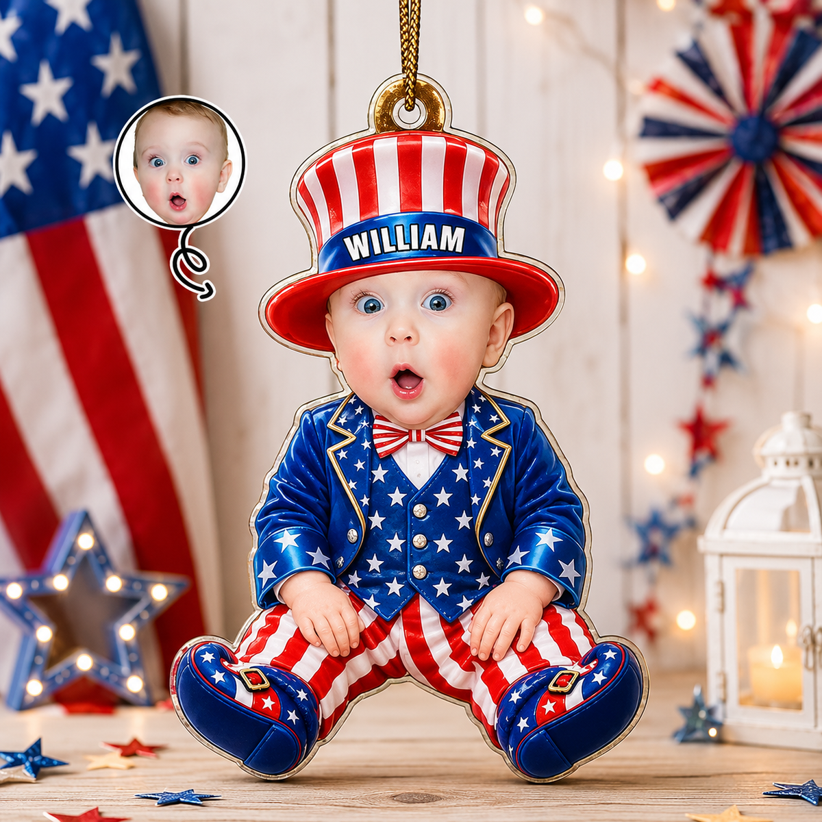 Patriotic baby photo ornament with example baby portrait and name William