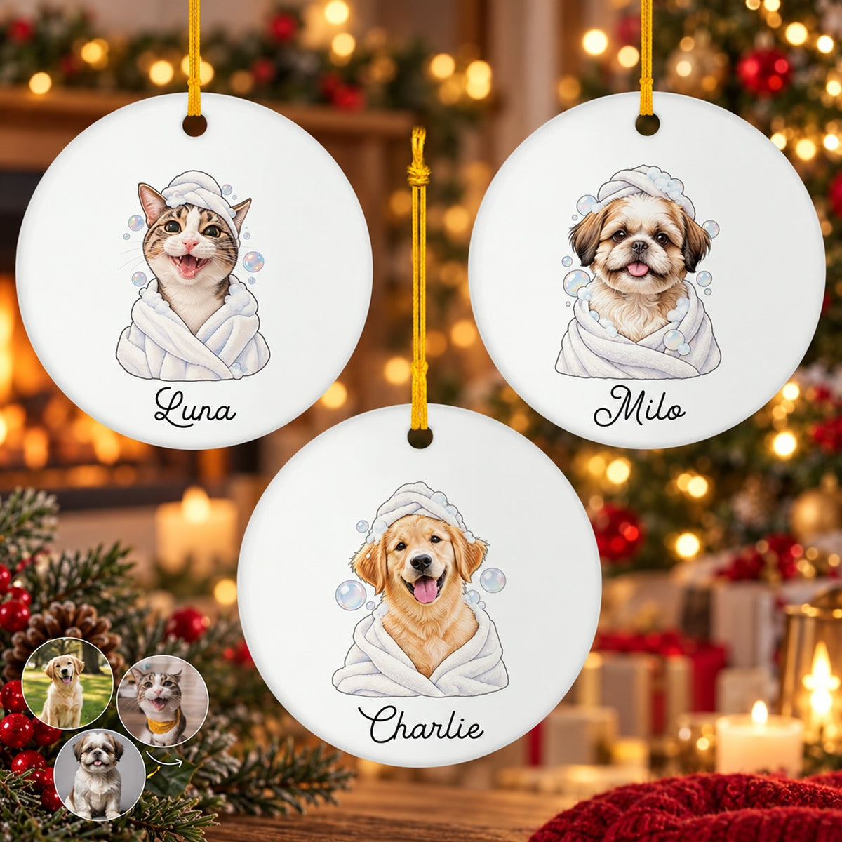 Personalized Pet Photo Christmas Ornament with Custom Name