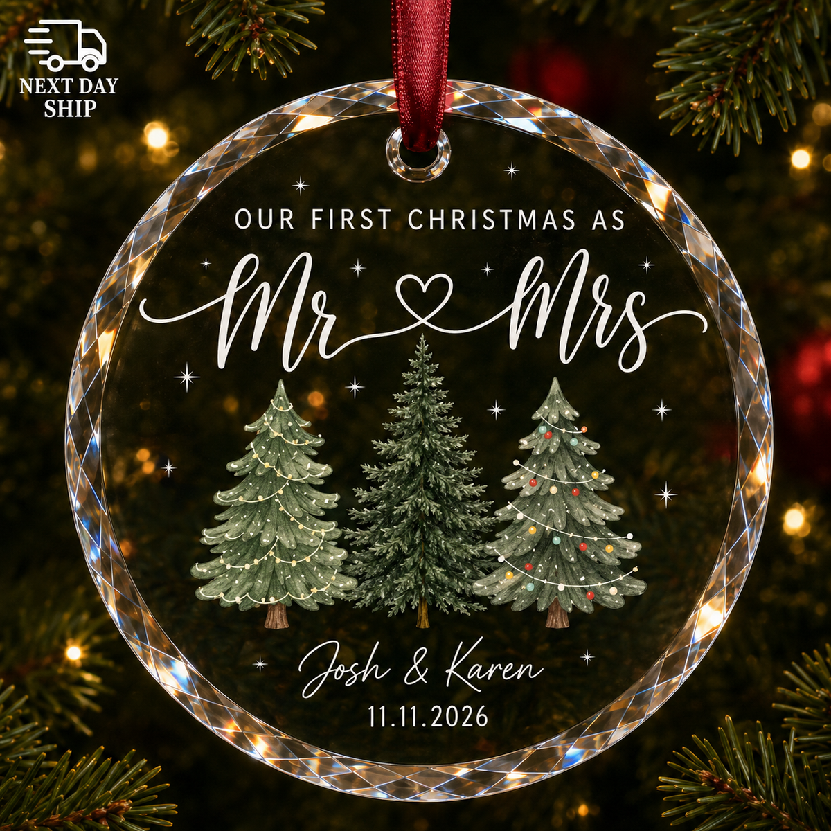 Personalized First Christmas Mr & Mrs Couple Glass Ornament