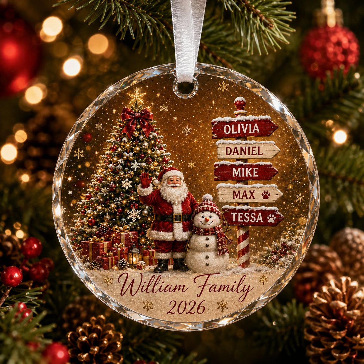 Personalized Santa Family Christmas Glass Ornament