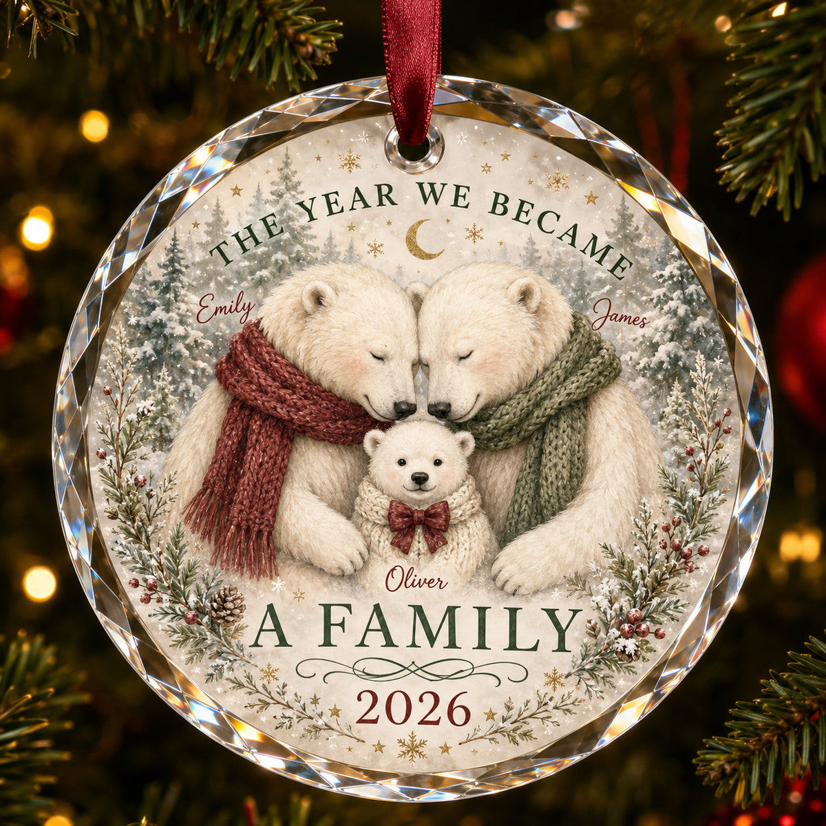 Personalized New Family Polar Bear Glass Ornament