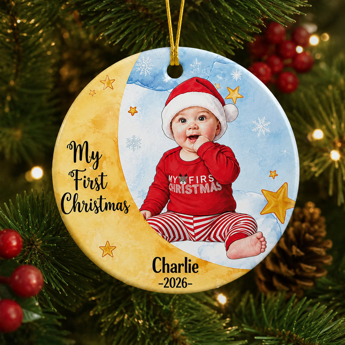 Personalized Baby First Christmas Moon Ornament design example
