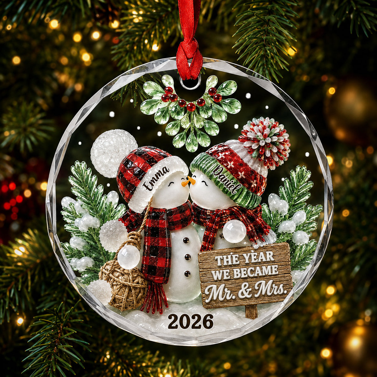 Personalized Newlywed Snowman Christmas Glass Ornament, Ceramic Ornament design example
