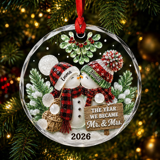 Personalized Newlywed Snowman Christmas Glass Ornament, Ceramic Ornament design example