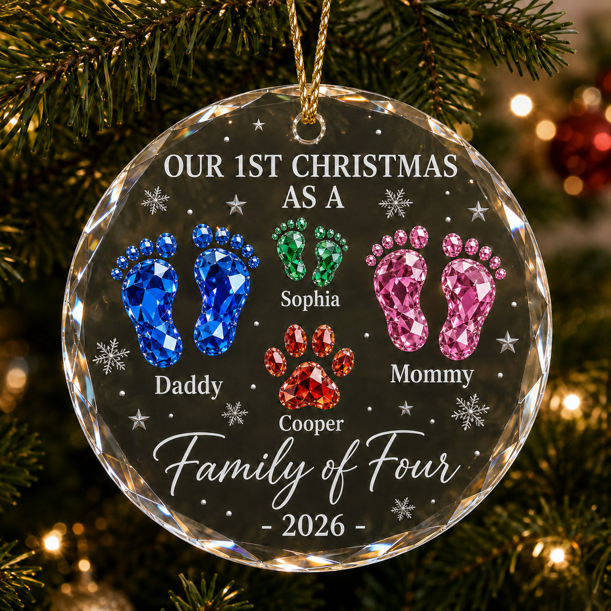 Personalized Family of Four Christmas Glass Ornament