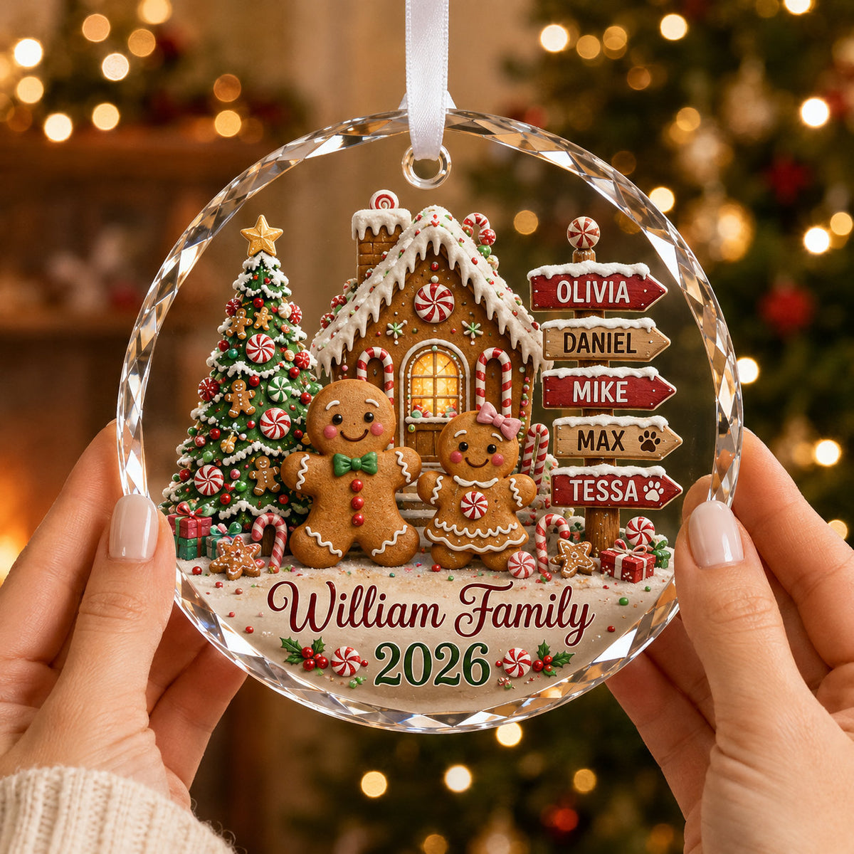 Personalized Gingerbread Family Christmas Glass Ornament