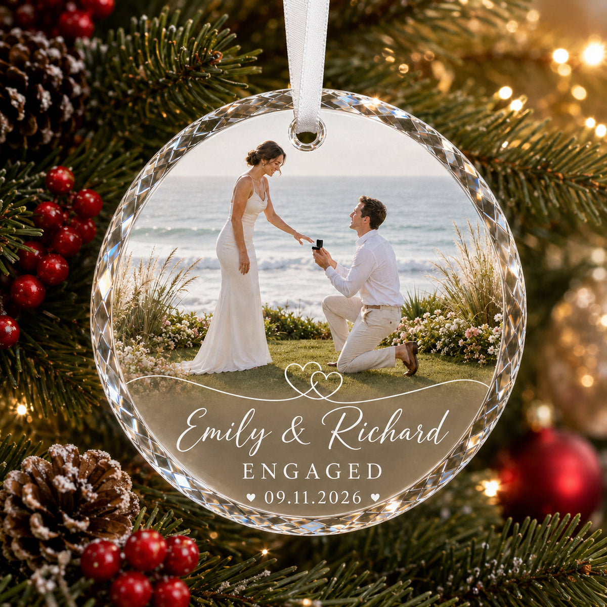Personalized Engagement Photo Christmas Glass Ornament