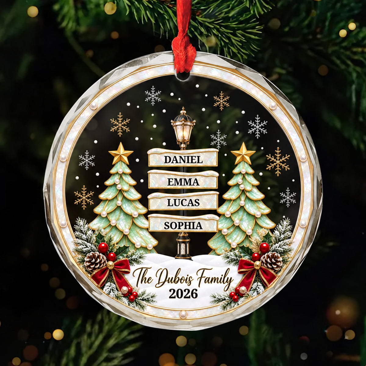 Personalized Family Signpost Christmas Glass Ornament