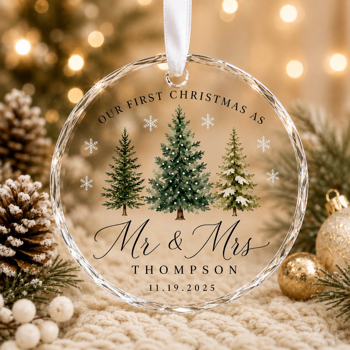 Personalized First Christmas Married Glass Ornament