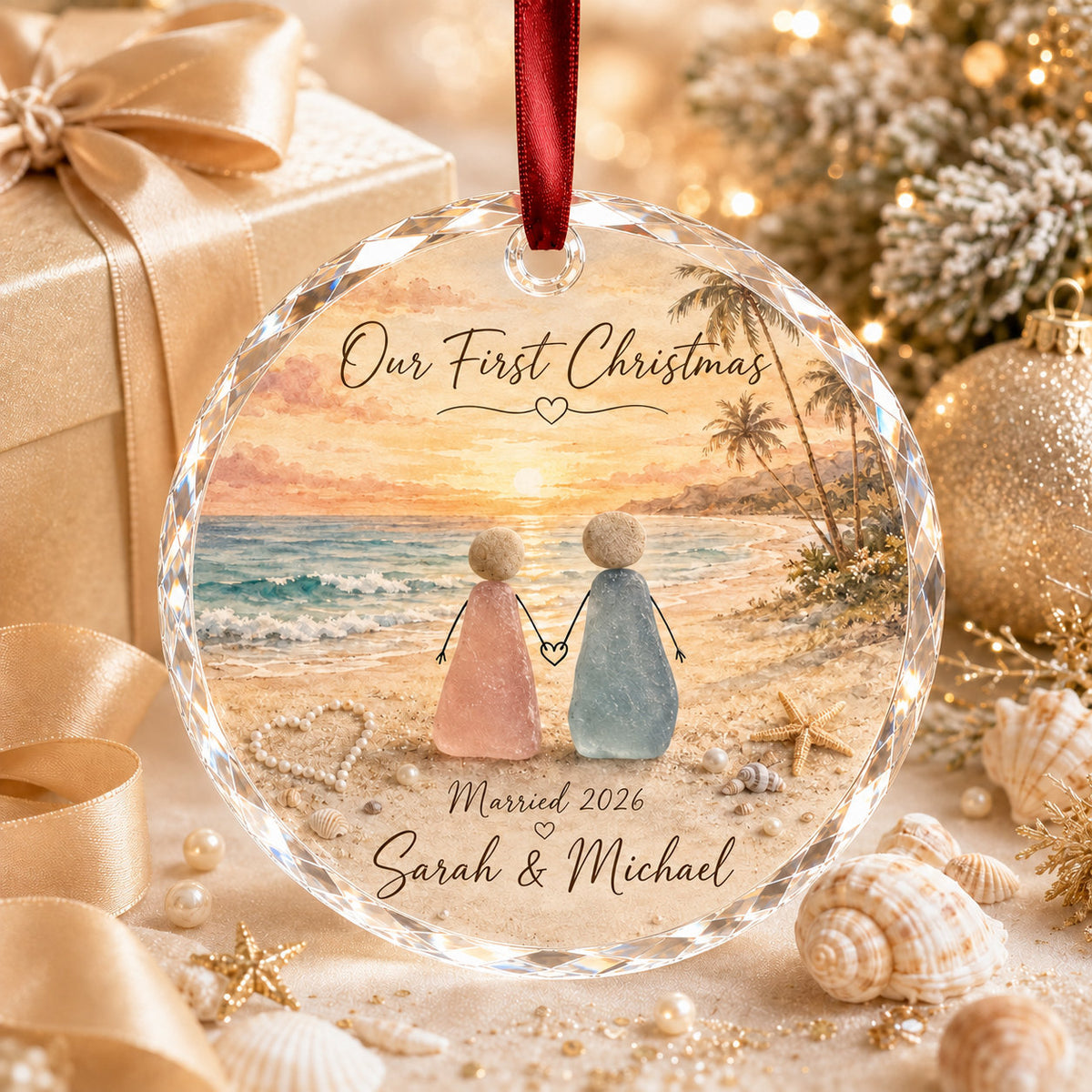 Personalized Beach Couple Christmas Glass Ornament