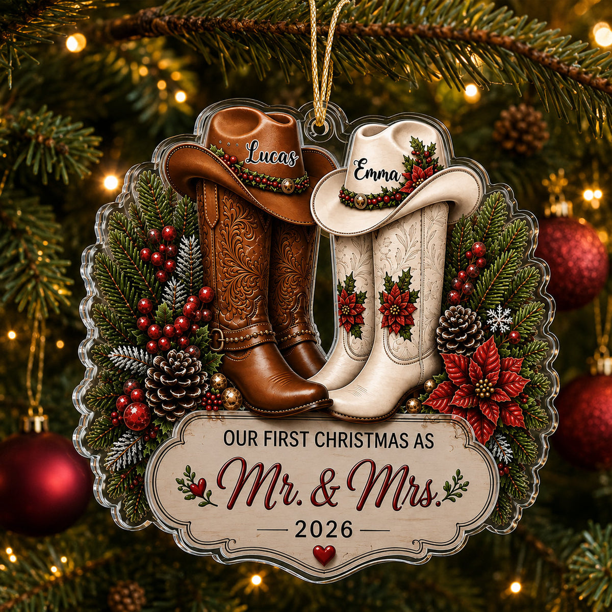 Personalized Newlywed Cowboy Christmas Ornament design example