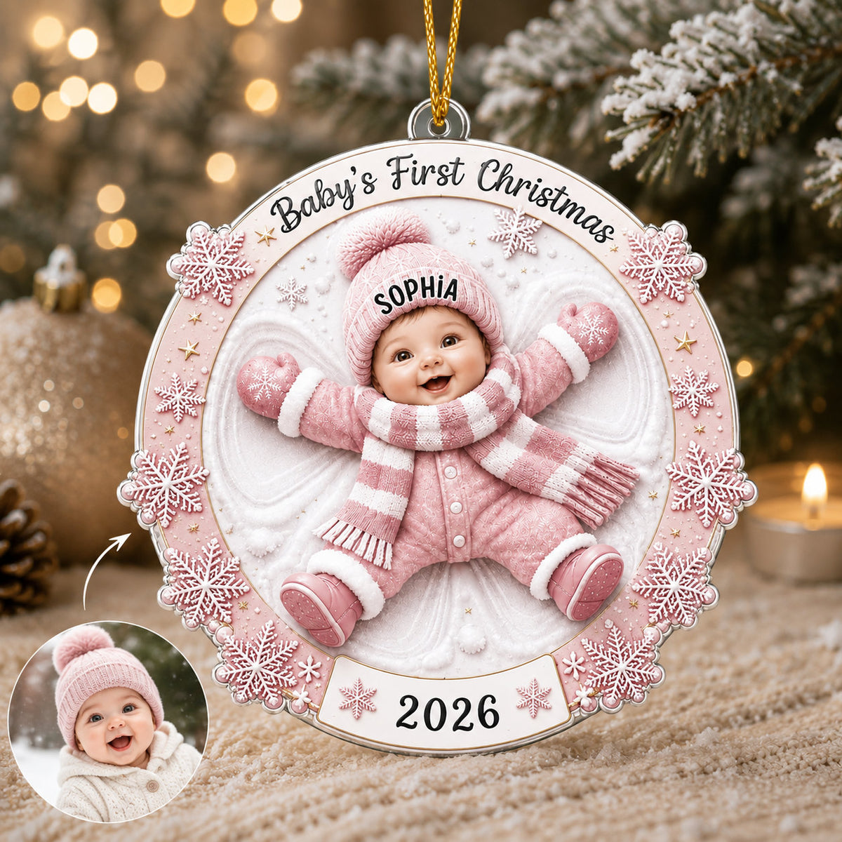 Personalized Baby Snow Angel Christmas 2 Layer Ornament