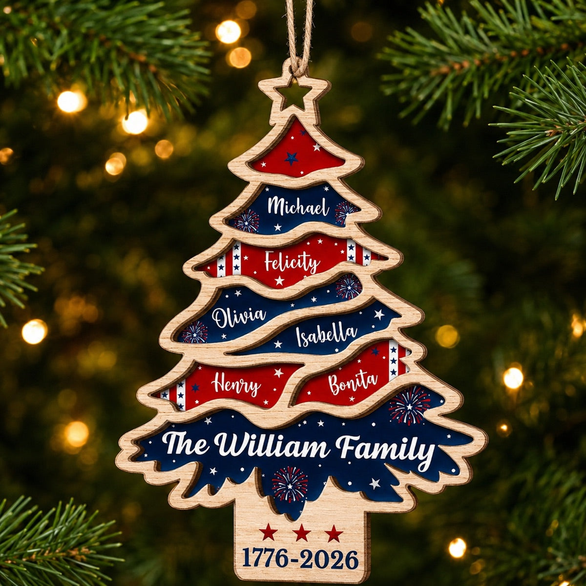 Personalized Family Christmas Tree 2 Layer Wood Ornament