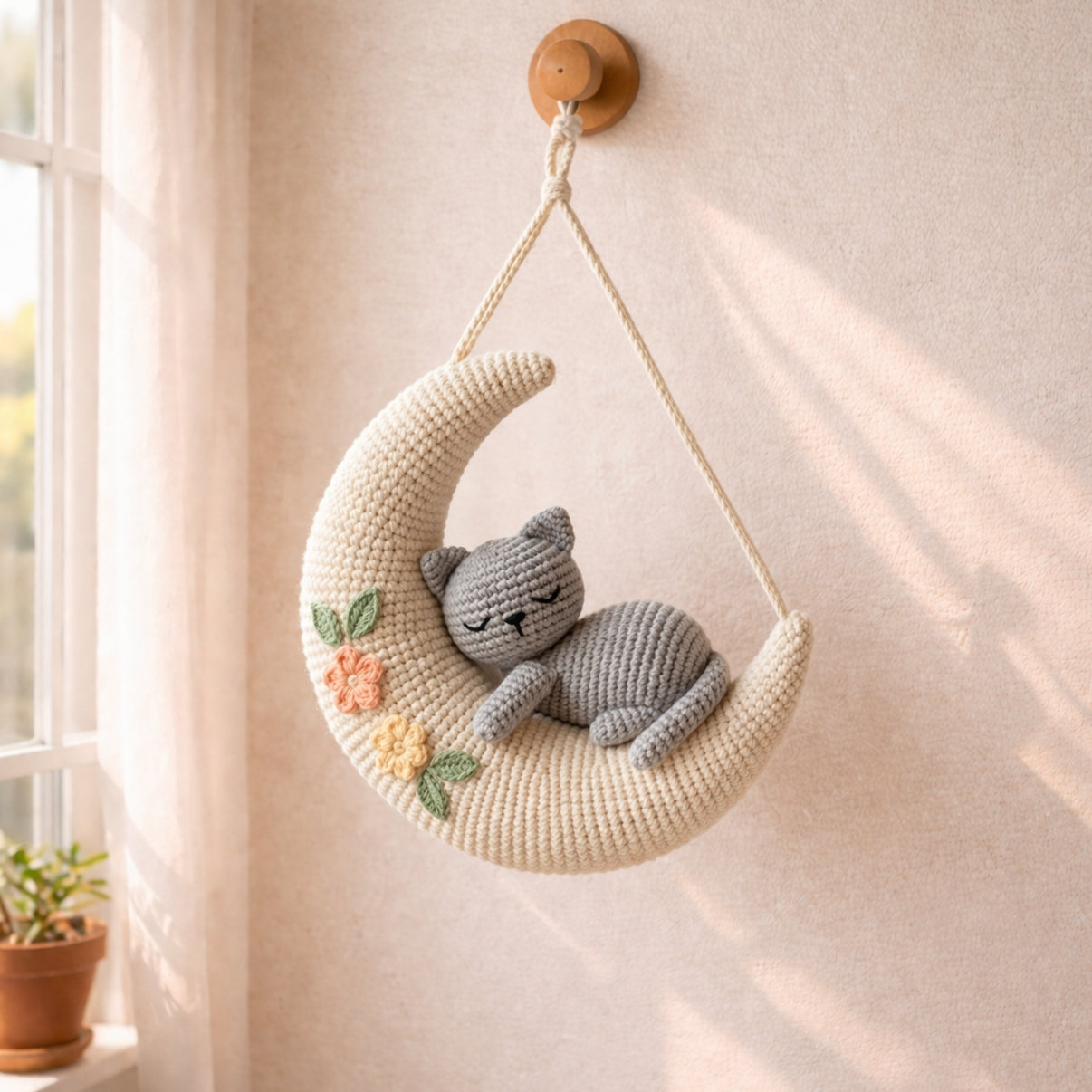 Crochet Sleeping Cat on Moon – Cozy Gift for Cat Lovers