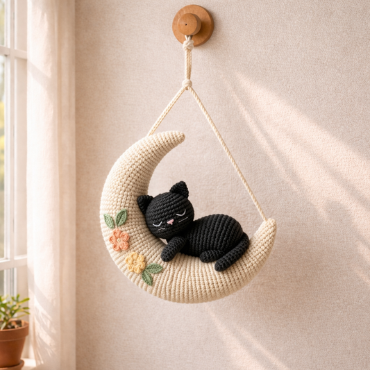 Crochet Sleeping Cat on Moon – Cozy Gift for Cat Lovers