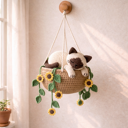 Crochet Siamese Cat Sunflower Hanging – Cute Cozy Gift