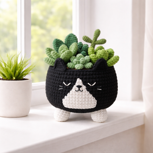 Crochet Tuxedo Cat Planter – Cute Succulent Gift for Cat Lovers