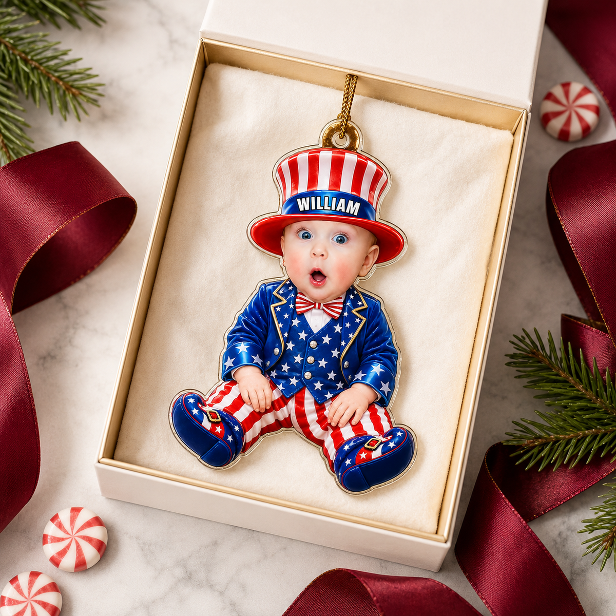 Personalized red white and blue baby photo ornament product image