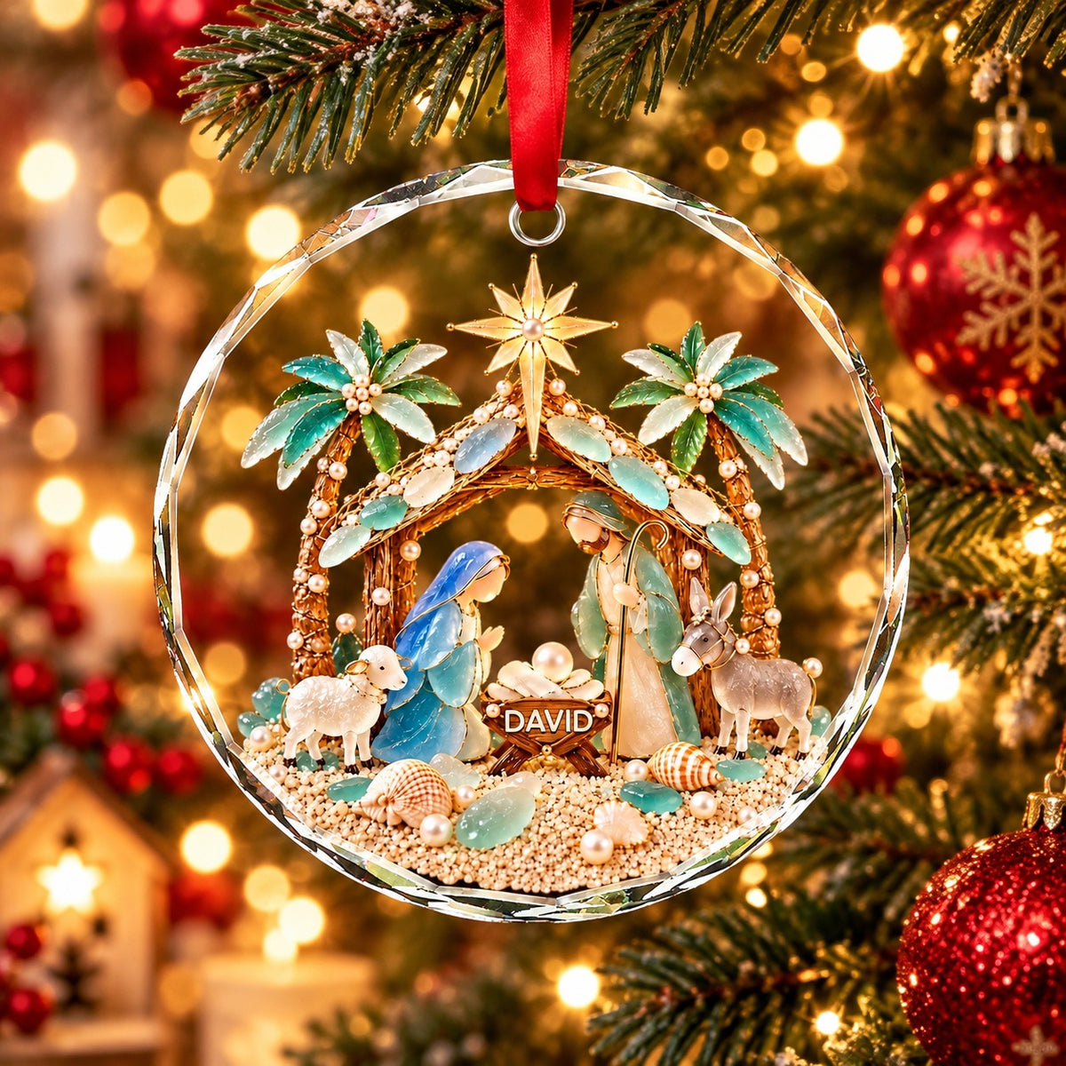 Personalized Beach Nativity Scene Christmas Glass Ornament, Jesus Ornament