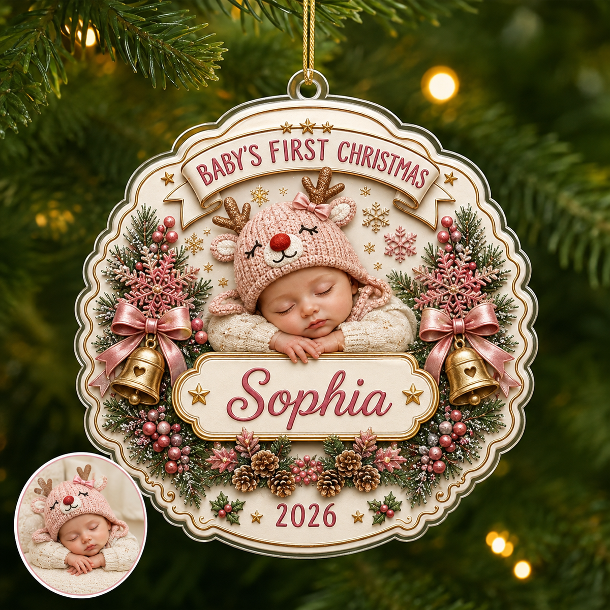 Personalized Baby Reindeer Christmas 2 Layer Ornament