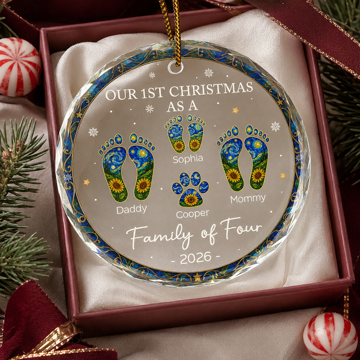 Personalized Family of Four Footprint Glass Ornament